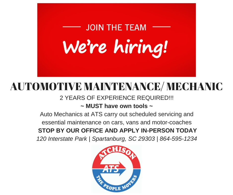 WE’RE HIRING – AUTOMOTIVE MAINTENANCE MECHANIC